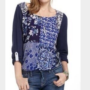 One September Milieu Patchwork Blouse Roll Tab Sleeve Blue Anthropologie Small